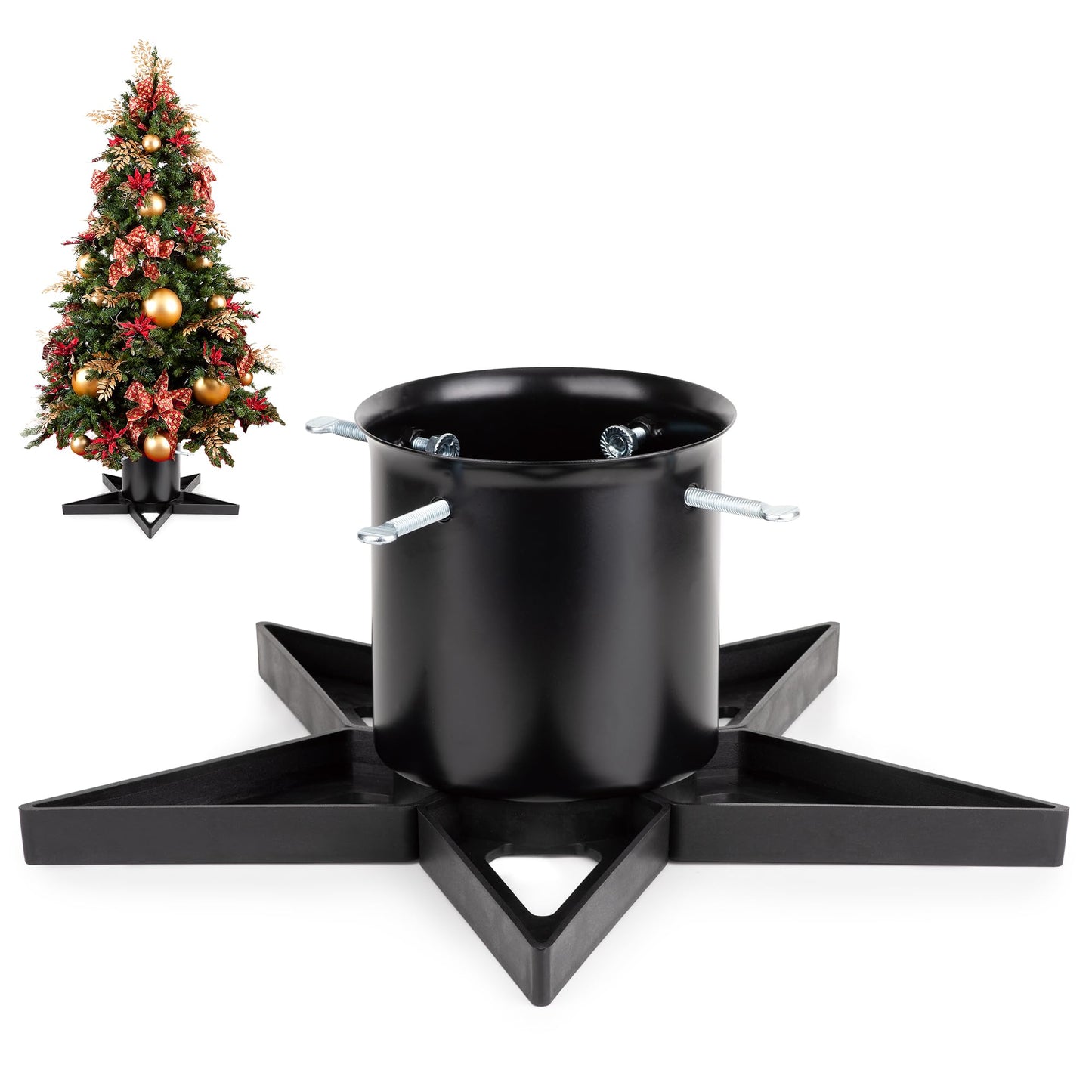 GuuG Real Christmas Tree Stand Base - Live Trees Small Christmas Tree Holder up to 6.5ft Trees for Real Xmas Trees 0.53 Gal Star+ Black