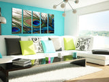 Wall Art for Living Room Bedroom Decoration Peacock Painting Canvas Print Framed Art Animal Feather Plume Modern Art for Office Wall Décor Teal Blue Green 5 Panels Large Size CANVASZON