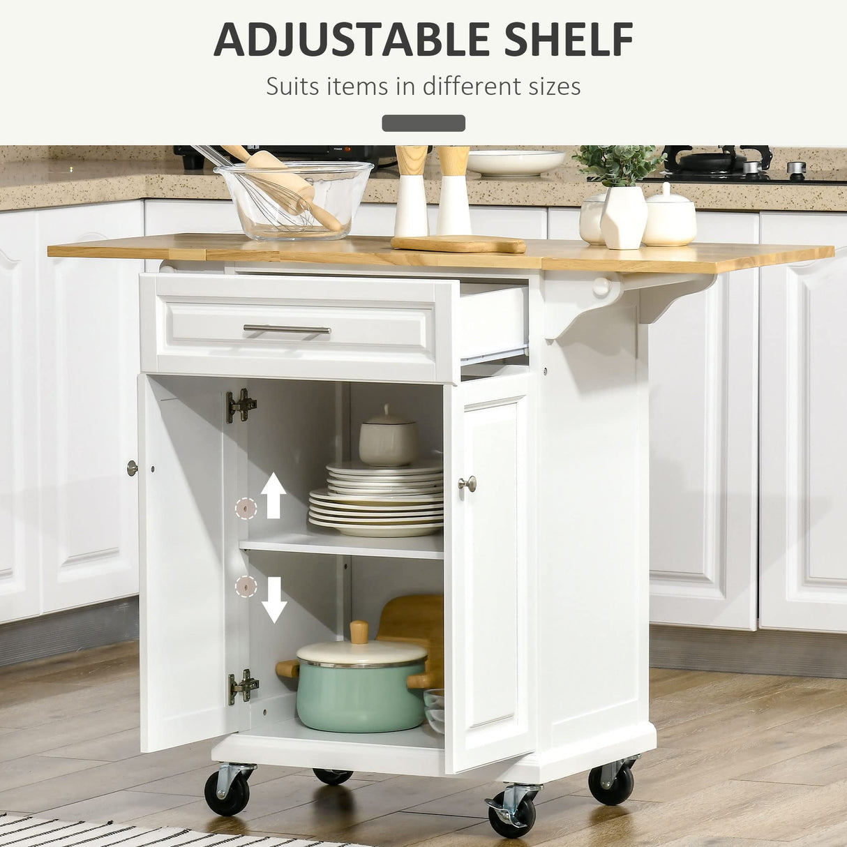HOMCOM Kitchen Island with Drop Leaf Trolley Cart on Wheels Drawer Cabinet Towel Racks Versatile Use Natural Wood Top and White HOMCOM