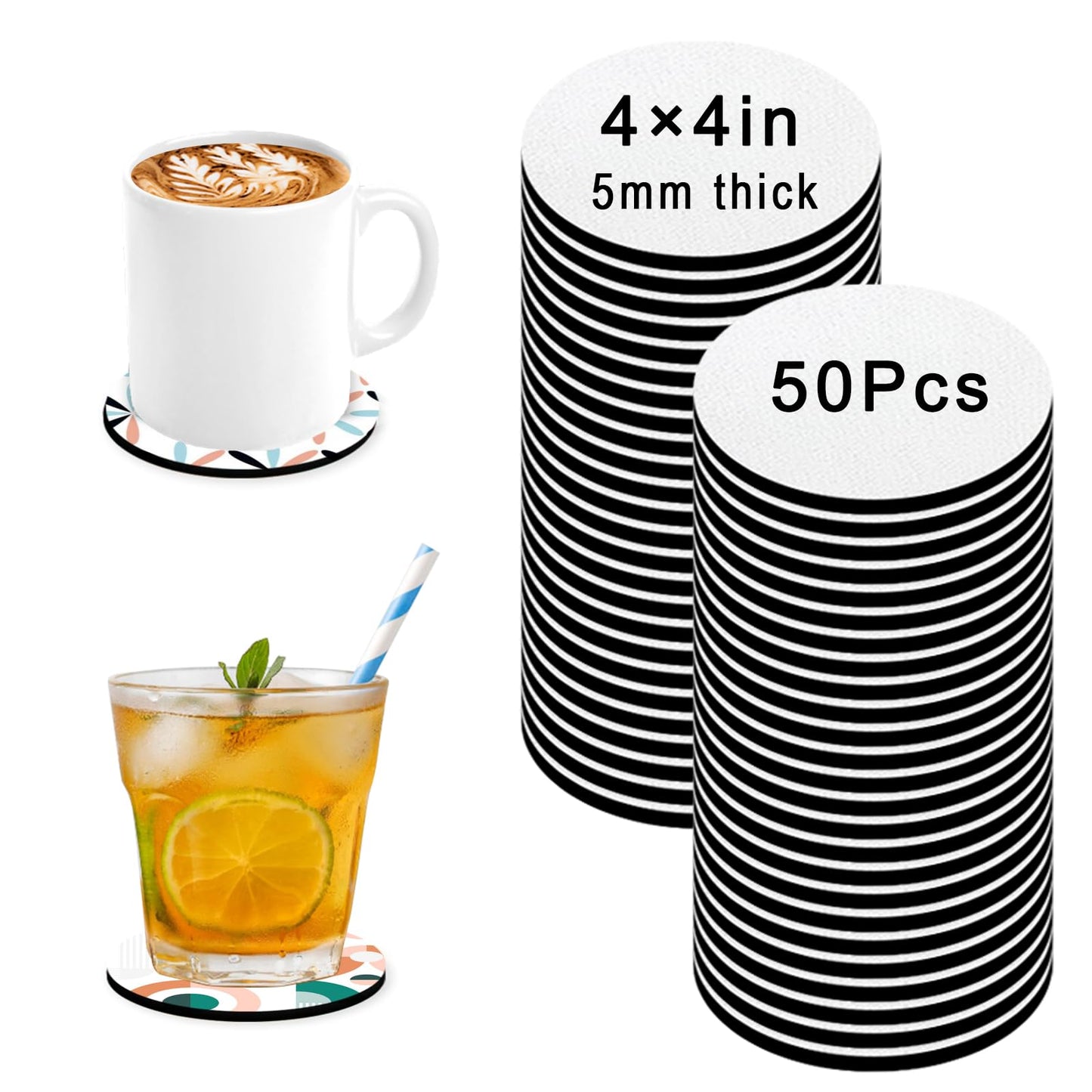 Xumbtvs 50 Pcs Sublimation Blank Cup Coasters, 4x4 Inch Neoprene Blank Cup Mat for Sublimation Transfer Heat Press Printing DIY Crafts (Round)