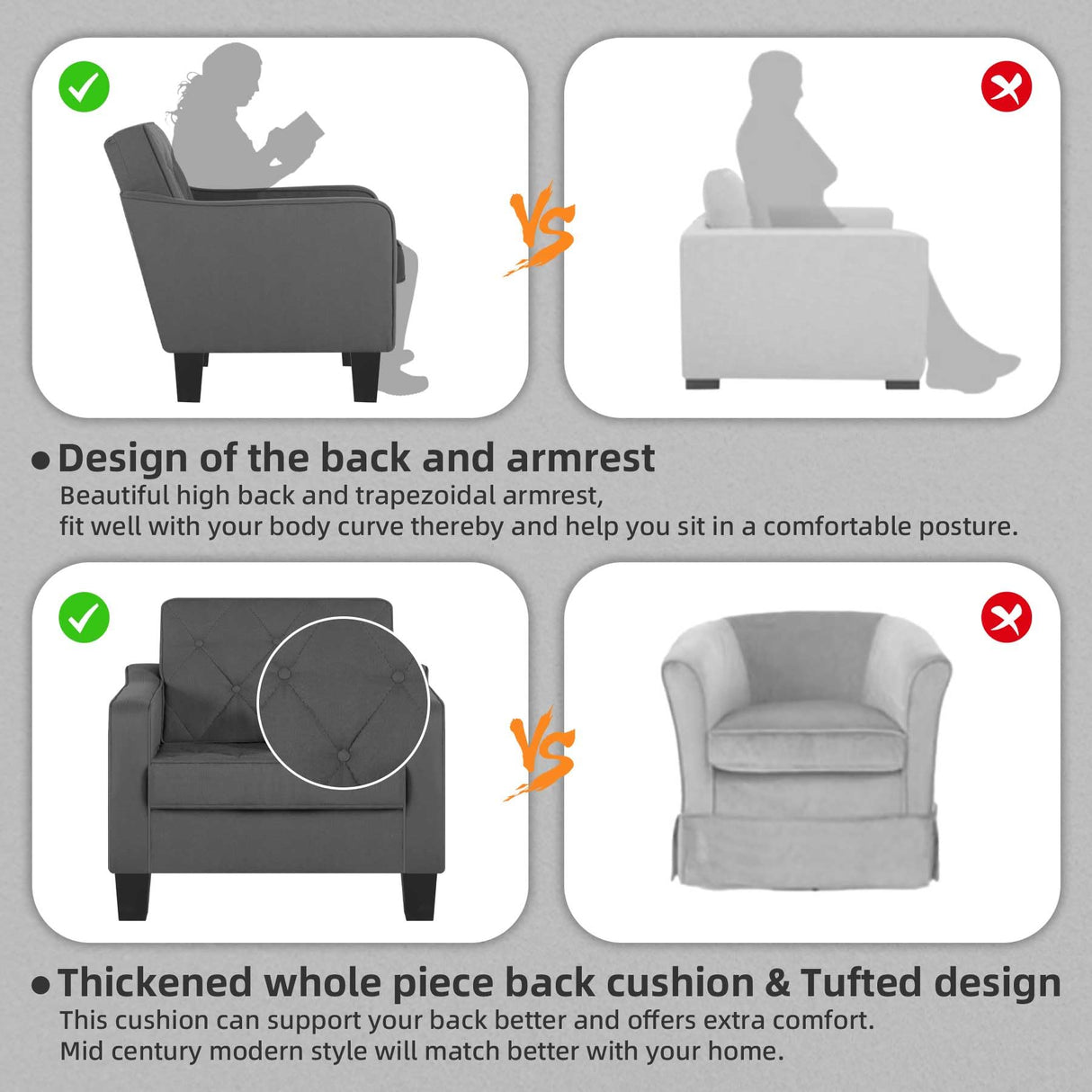 STHOUYN Living Room Chairs Accent Chairs Set of 2, Waiting Room Arm Chairs, Reading Chairs for Bedroom Comfy Club Chair Tufted, Office Small Space (2, Grey) STHOUYN