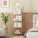 Homhedy Bookshelf Arched Display Racks,Metal Bookcase,Tempered Glass Shelves,Storage Rack Shelf for Home Office,Living Room,Bedroom, Bathroom,Modern Style (Golden, 11.8" D x 13.8" W x 57.1" H) Homhedy