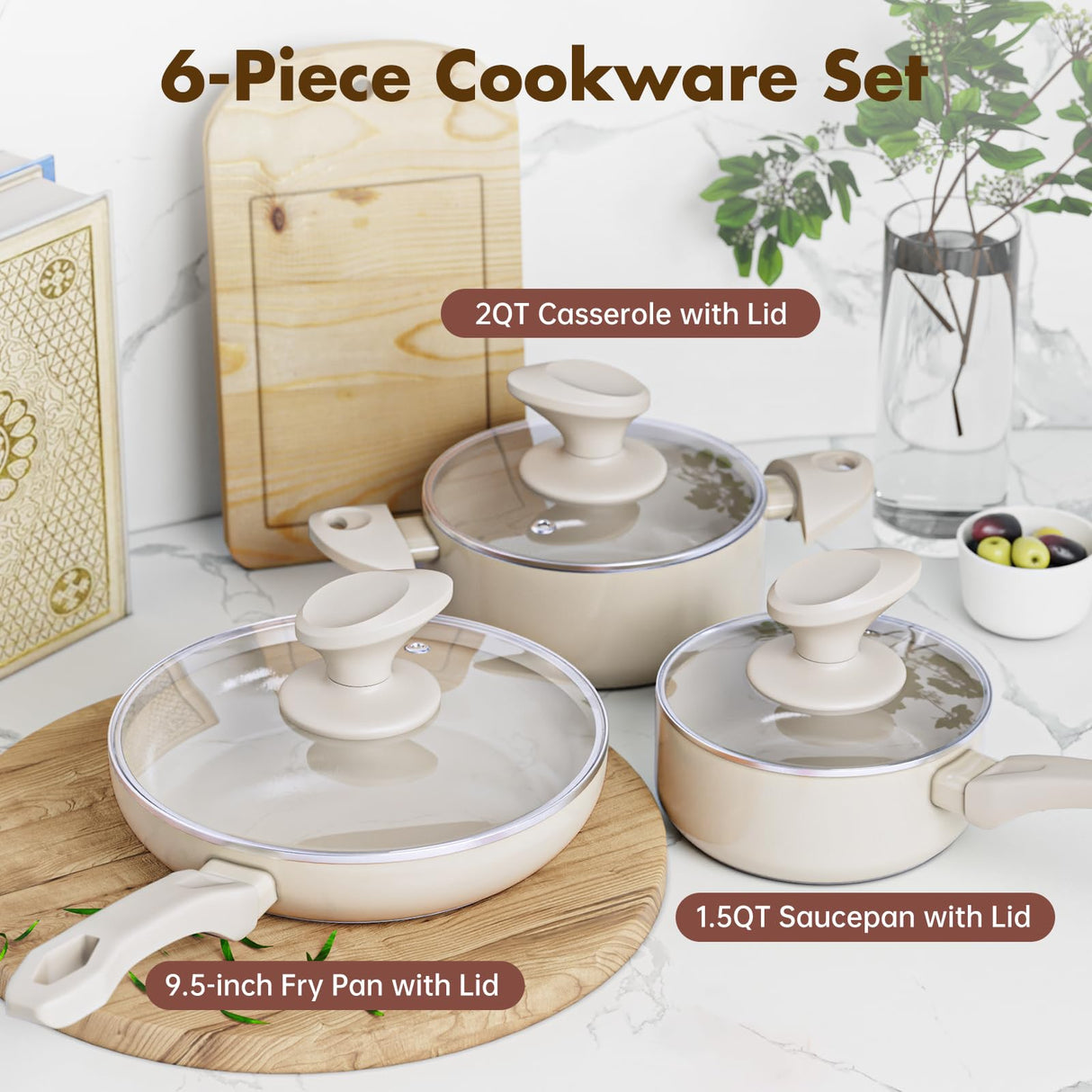 Pots and Pans Set Nonstick Ceramic Coating, 6 Pieces Kitchen Cookware Sets PFOA/PFOS Free Heat Resistant Kitchen Cooking Set Induction Pots and Pans with Casserole/Saucepan/Frying Pan&Lids Qupoilke