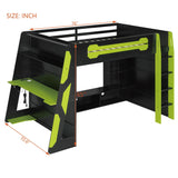 HZSMHDZKJ Full Size Esports Style Loft Bed with Desk, Multi-Storage Shelves, LED and Charging Station, Wooden Gaming Loft Bed Frame with Ladder and Safety Guardrail for Kids Teens Adults (Green) HZSMHDZKJ