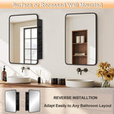 MEETDH 18"x26" Medicine Cabinet Mirror, Black Bathroom Cabinet with Mirror Wall-Mounted or Recessed, Bathroom Vanity Mirror with Storage, Solid Metal Frame, Adjustable Glass Shelves MEETDH