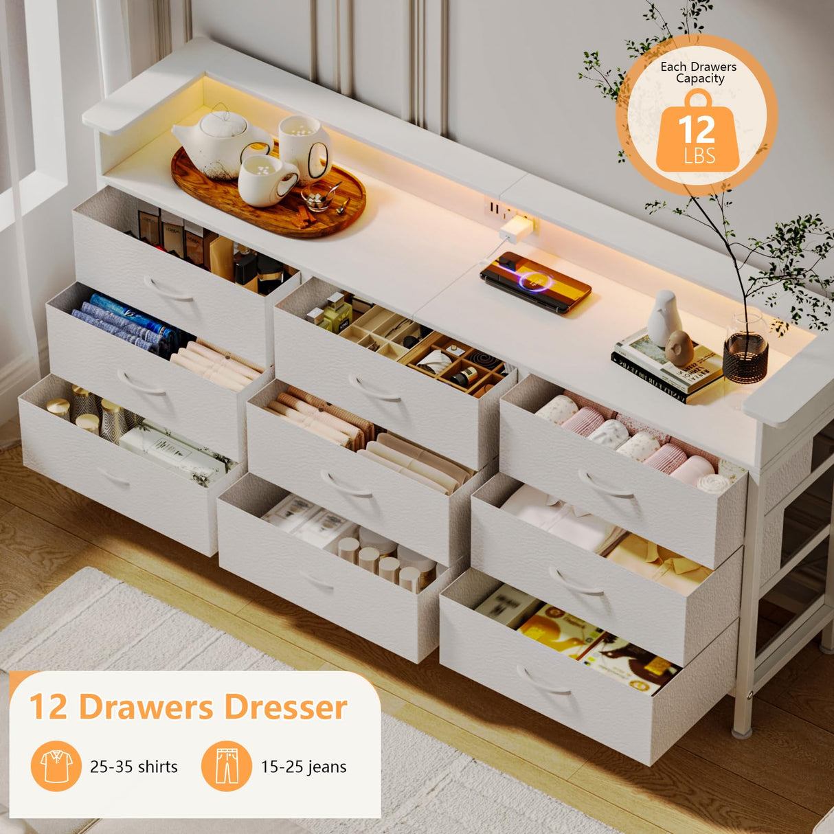WODRAWER White Dresser for Bedroom with 9 Drawers, Long Dresser TV Stand with LED Lights & Charging Station, Fabric Chests of Drawers for Closet Entryway Living Room WODRAWER