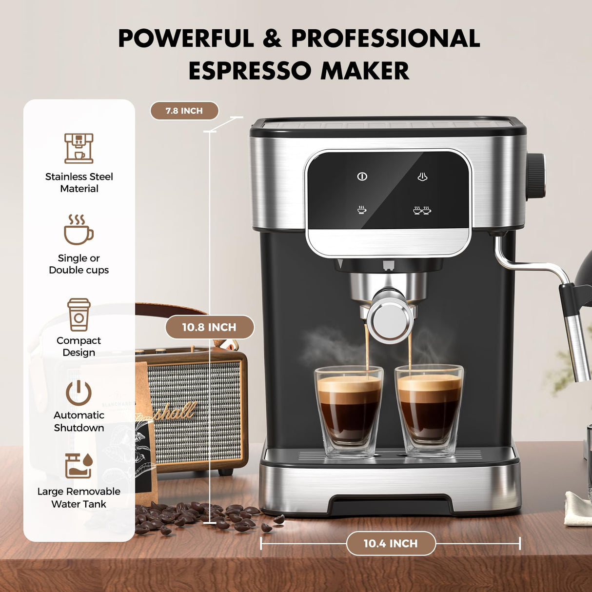 LERTIN Espresso Machine 20 Bar, Professional Espresso Maker With Auto Milk Frother, Home Compact Espresso Coffee Machine With Led Touch Screen, 61OZ Removable Water Tank For Latte, Cappuccino LERTIN