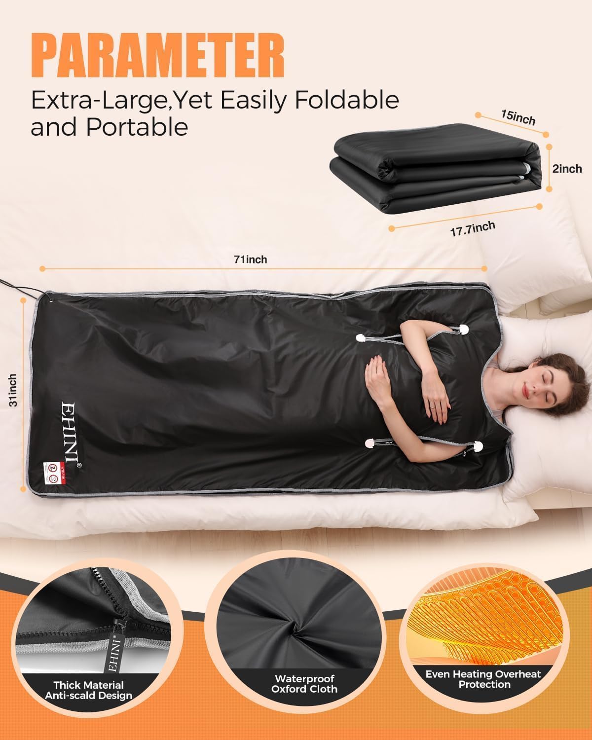 EHINI Infrared Sauna Blanket-Sauna Blanket for Home Use, Portable Design for Relaxation and Detoxification Highest 176℉, 20-60 Minutes Timer, 6 ft x 2.65 ft（Darkness） EHINI
