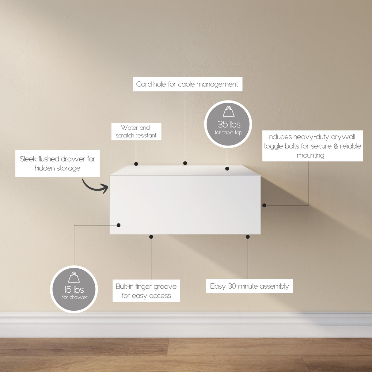 Lumivara Aeris Floating White Modern Nightstand with Storage Drawer, Minimalist Scandinavian, Made with Natural Pine Wood, Wall Mounted Bedside End Table for Bedroom and Living Room Lumivara
