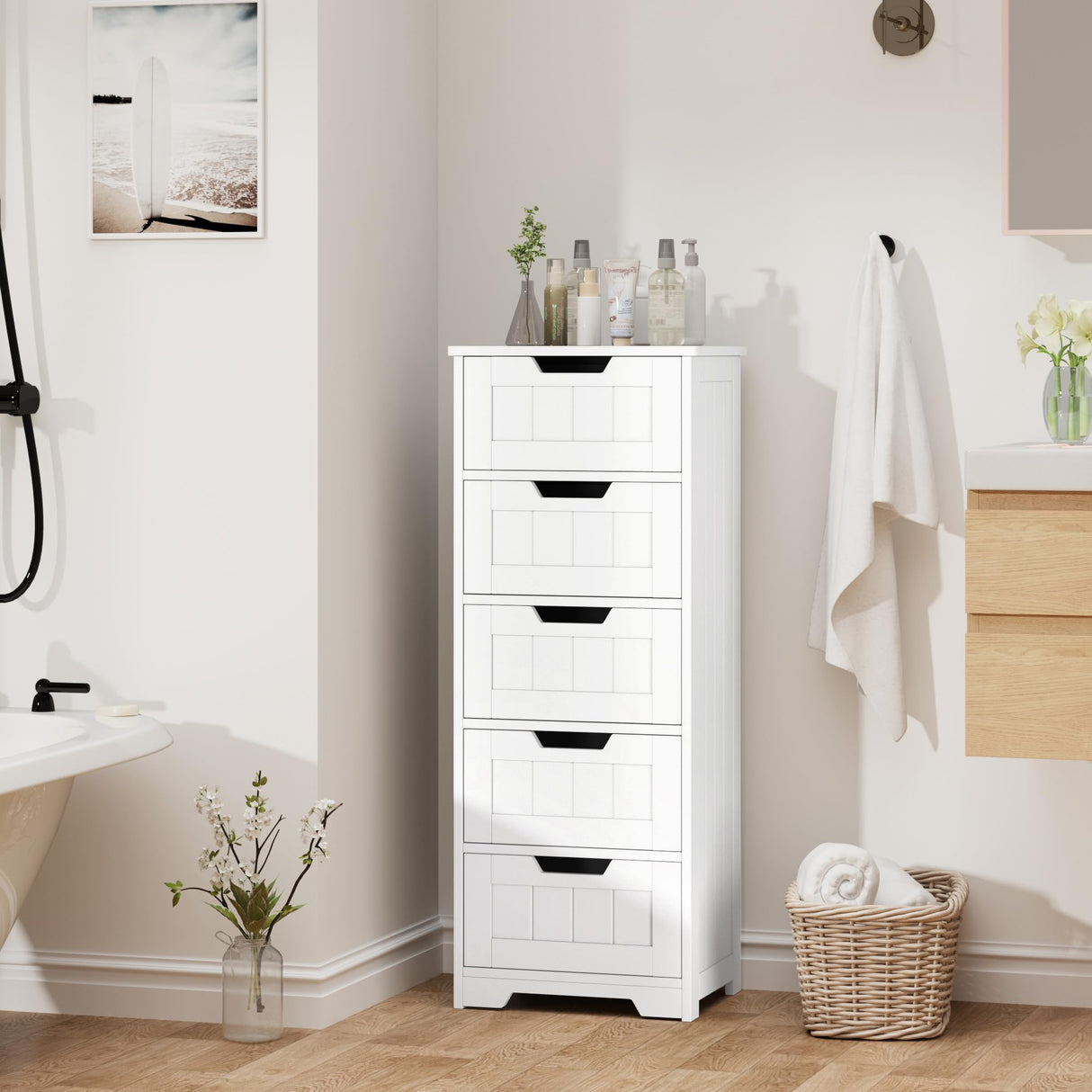 FOTOSOK Bathroom Floor Cabinet, Free-Standing Storage Cabinet with 5 Drawers, 11.8” x 15.7” x 40.1” Wooden Storage Cabinet with Cut-Out Handles, Side Tall Storage Cabinet for Bathroom, Living Room FOTOSOK