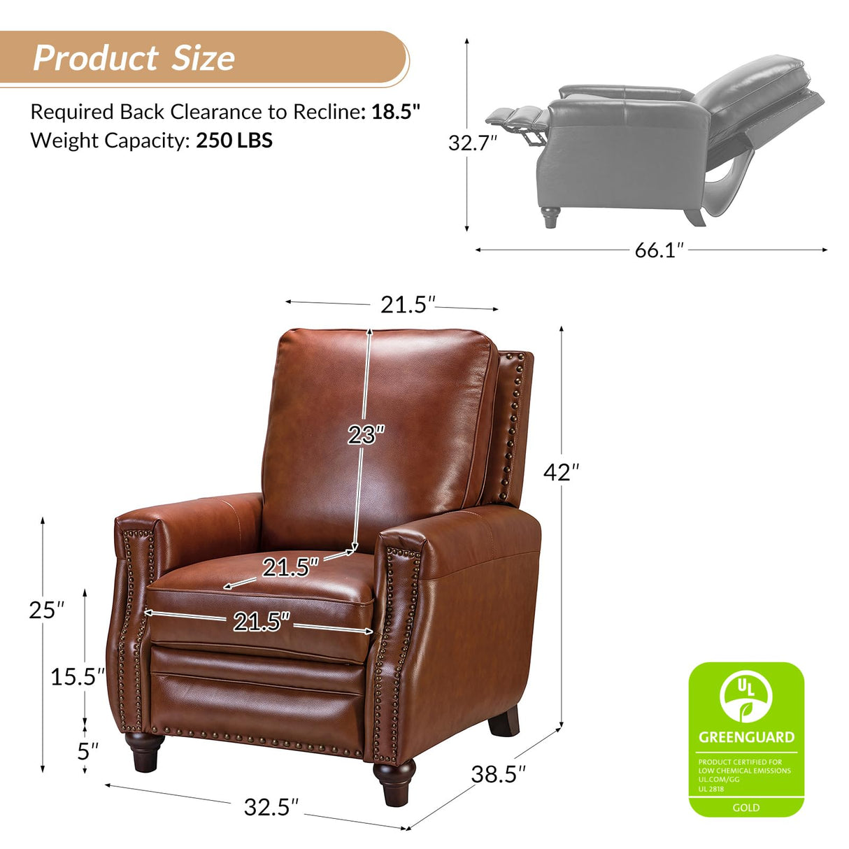 HULALA HOME Genuine Leather Manual Recliner Chair,Classic Push Back Reclining Armchair Sofa with Thick Seat, Adjustable Backrest & Nailhead Trim for Living Room Home Theater (Brown) HULALA HOME