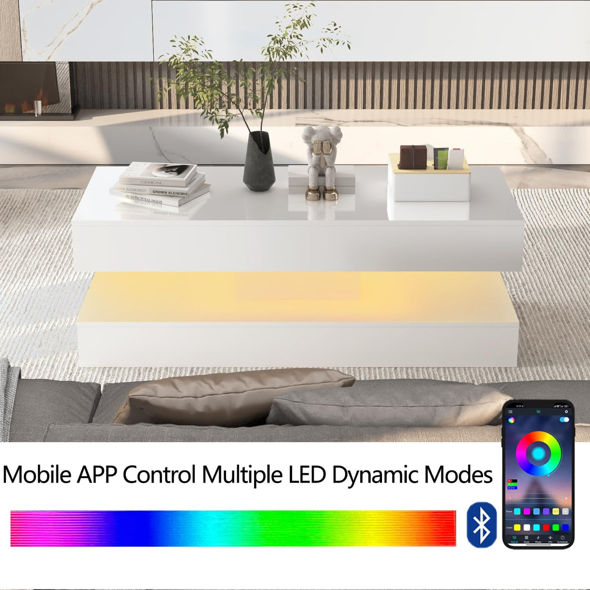 Uspeedy 47.3IN High Glossy LED Coffee Table,APP LED Lights,Black/White, Modern Furniture for Living Room (White) Uspeedy