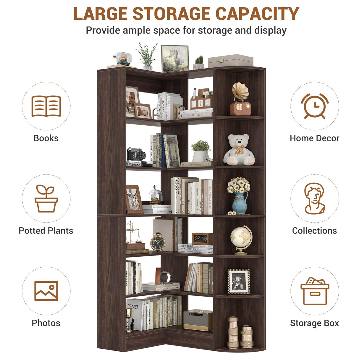 Cyclysio Corner Shelf 6 Tiers Large Tall Corner Bookshelves with Baffle, 71" L-Shaped Bookcase Display Shelves with Open Storage for Bedroom, Home Office, Living Room & Kitchen (Black Walnut) Cyclysio