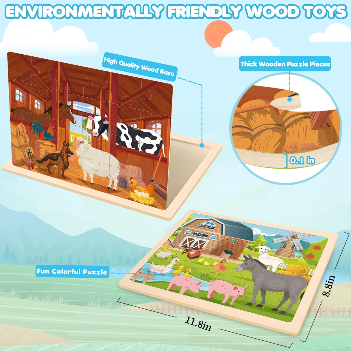 Wooden Farm Puzzles for Kids Age 3 4 5 Year Old, 4 Pack 24 Pcs Montessori Toddler Jigsaw Puzzles for Girl boy Activities Preschool Learning Educational Birthday Gift LACCHOUFEE