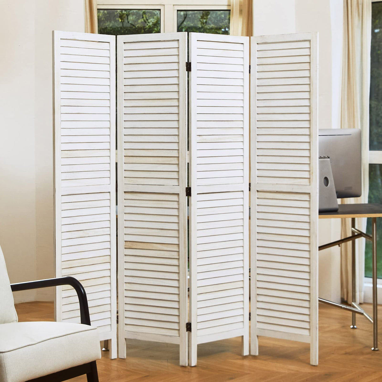 Room Dividers and Folding Privacy Screens, Wood Louvered Separators Divider Wall for Home Office Bedroom - 4 Panels, 67 * 60inch (White-Washed) Svimi