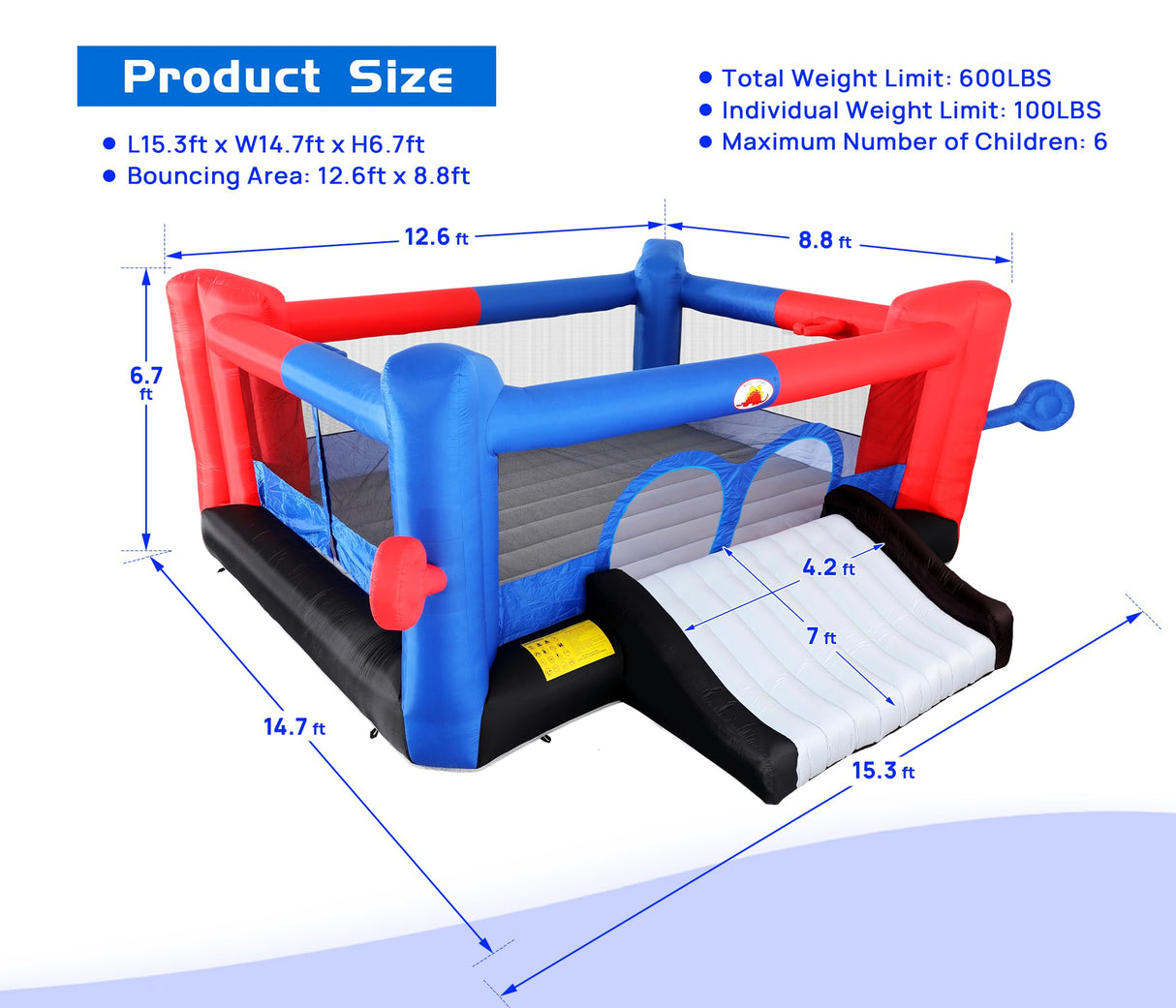 WELLFUNTIME Inflatable Bounce House with Slide, 15.3ft x 14.7ft, Jumping Castle with Blower, Dartboard, Dual Basketball Hoop, Dual Kicking Boards, Jumping Area for 6 Kids WELLFUNTIME