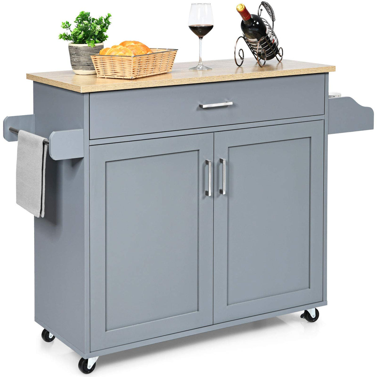 Giantex Kitchen Island, Rolling Kitchen Cart with Spice and Towel Rack, Large Drawer & 2-Door Storage Cabinet, Home Service Cart on Lockable Wheels, Wood Kitchen Trolley, Spacious Tabletop (Gray) Giantex