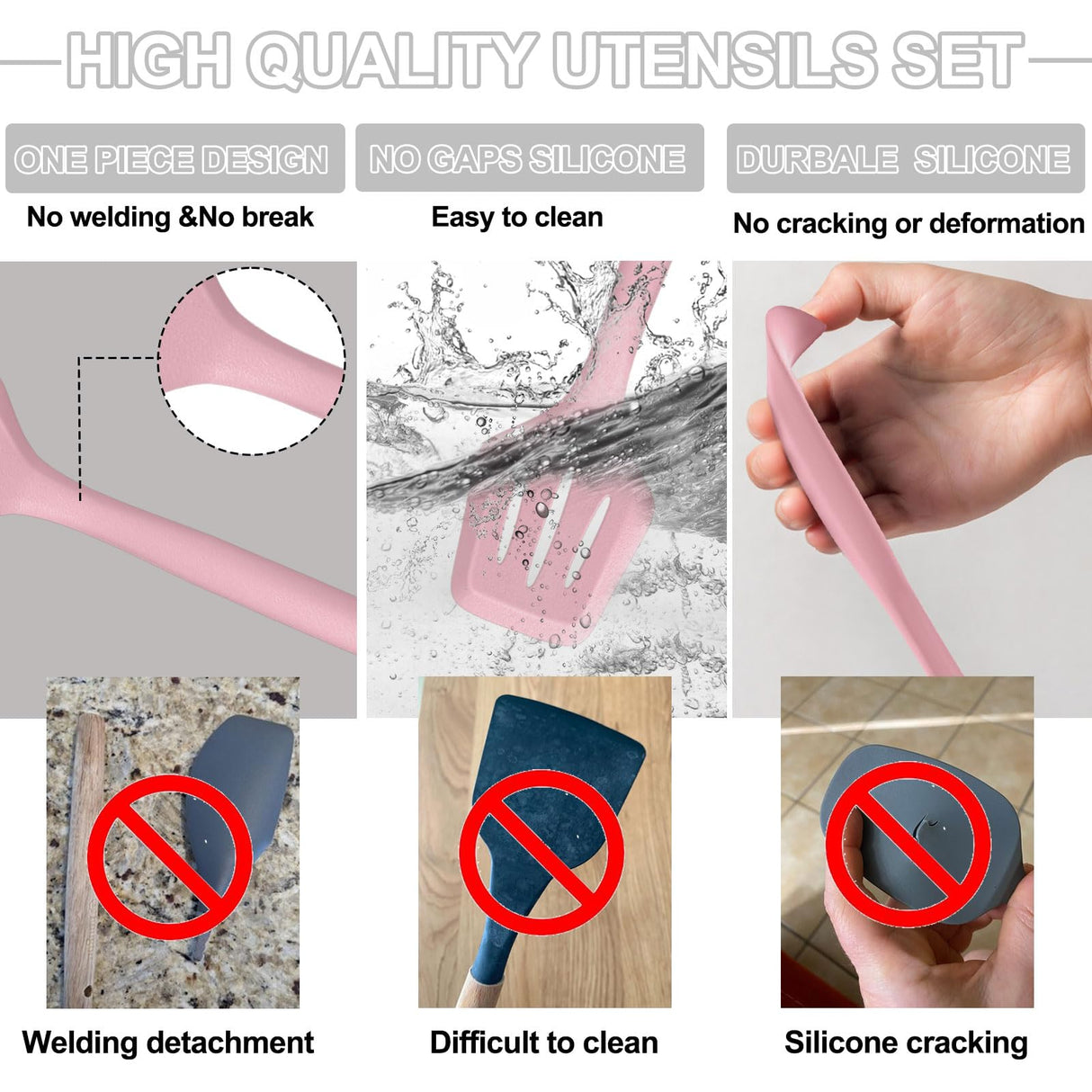 Umite Chef 22Pcs Silicone Cooking Utensils Set, Heat Resistant Silicone Kitchen Spatulas Set with Holder, Cooking Gadgets Tools Set for Nonstick Cookware, Dishwasher Safe(Pink) Umite Chef