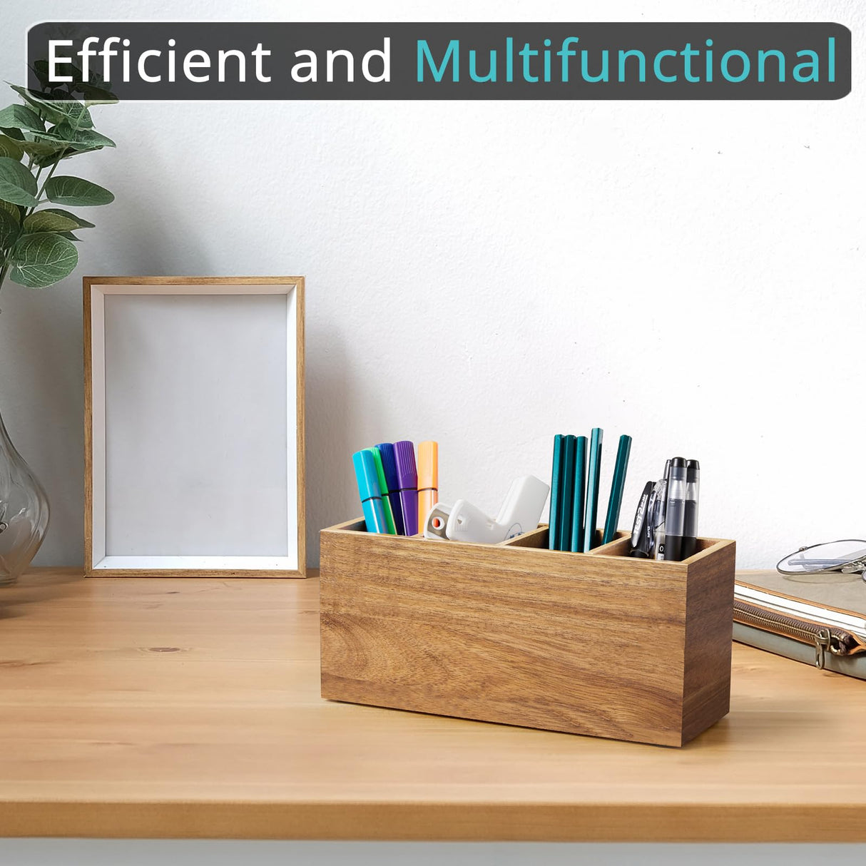 Bivvclaz Pencil Pen Holder for Desk, Acacia Wood Office Desk Organizers and Accessories with 4 Slots for Countertop, Makeup Brush Holder Organizer for Bathroom Vanity, Silverware Caddy for Party Bivvclaz