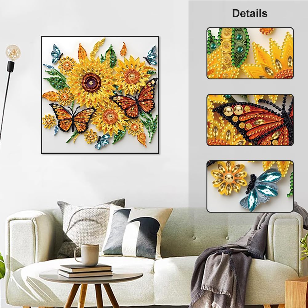 Stalente Diamond Painting Kits for Adults Sunflower, 5D Special Shape Diamond Art Kits for Beginners, Crystal Rhinestones Diamond Painting for Home Wall Decoration Gift 12×12inch, Butterfly Stalente