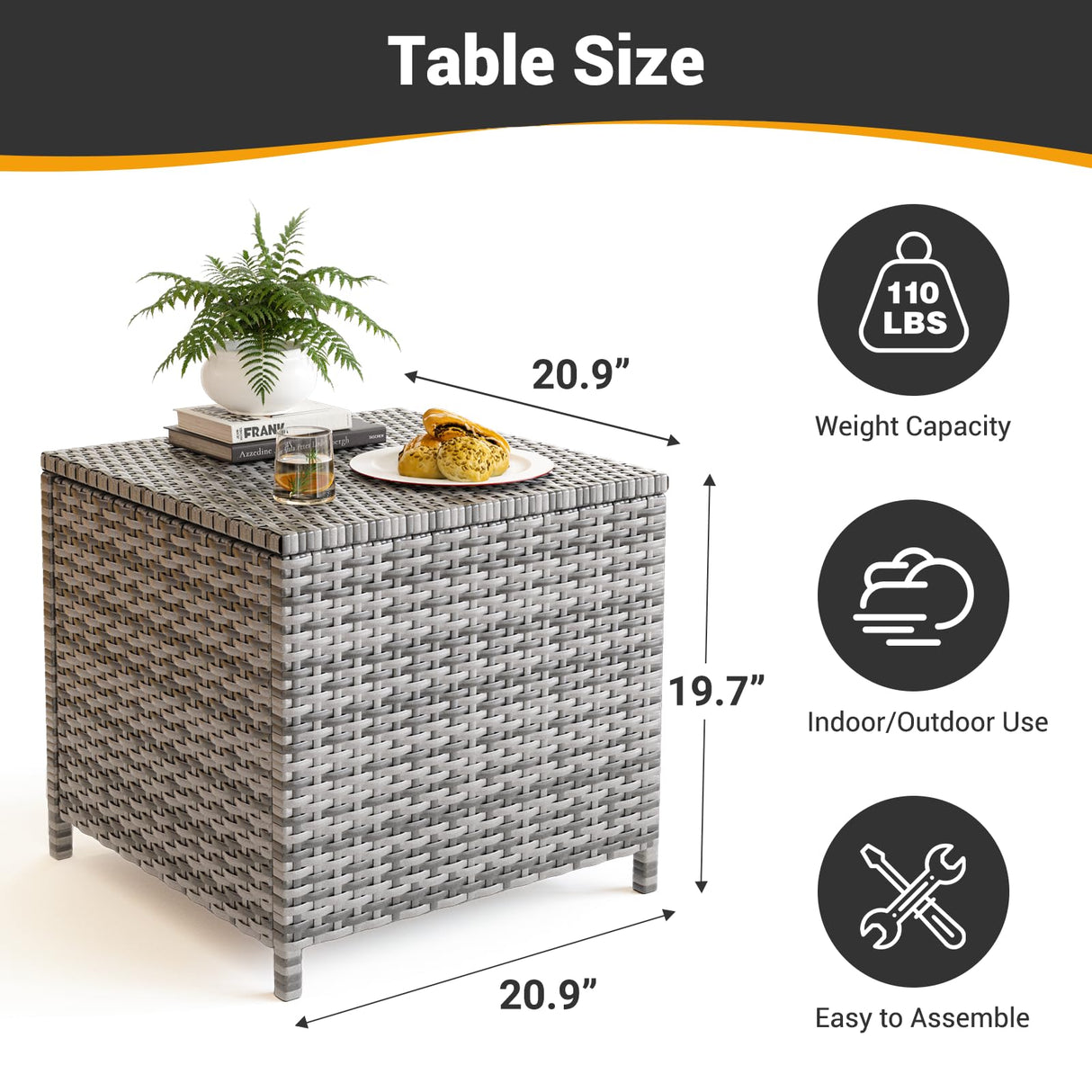 UDPATIO Outdoor Wicker Side Table with Storage Set of 2 Patio Rattan End Table Small Resin Square Container Coffee Table Backyard Pool for Furniture Covers, Toys and Gardening Tools (Grey) UDPATIO