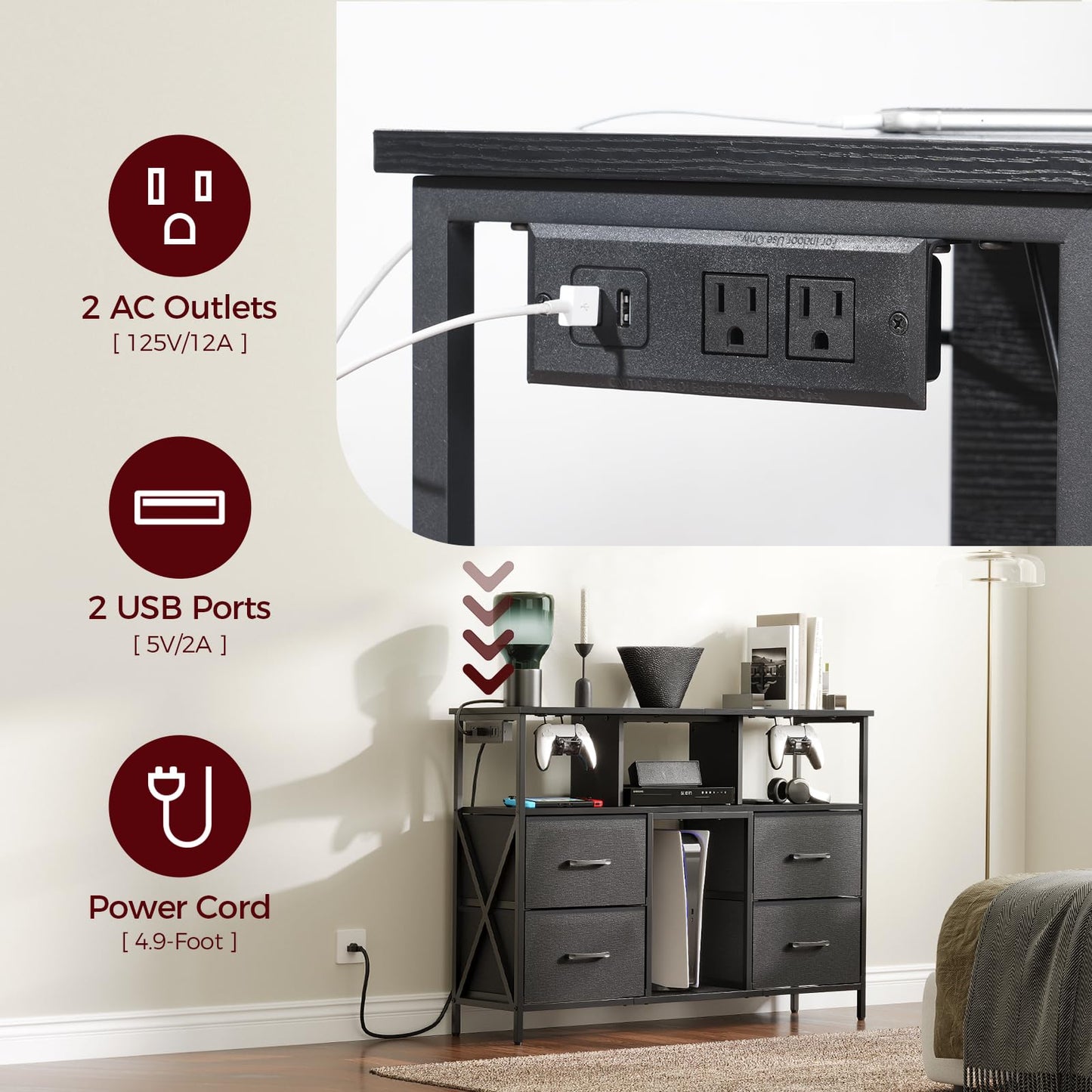 MAHANCRIS Dresser TV Stand, Entertainment Center with Power Outlets and LED Light, Media Console Table with Drawers and Open Shelves, Chest of Drawers for 50'' TV, for Living Room, Black TVHB110E01