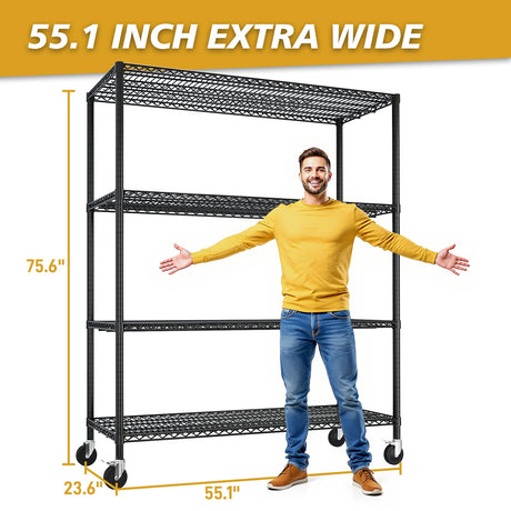 Karl home Heavy Duty 4-Tier Storage Shelving with 4" Wheels, Adjustable NSF Metal Shelves Wire Storage Rack for Garage Kitchen Basement,2500LBS Capacity 75.59" H X 55.12" W X 23.62" D,Black Karl home