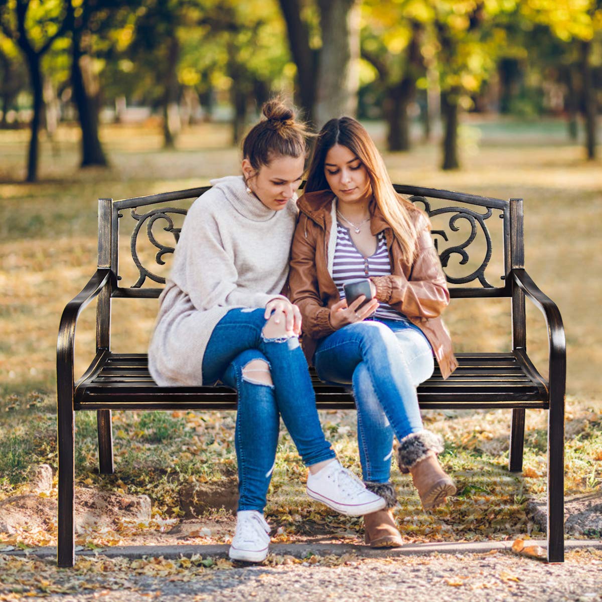 Giantex Garden Bench, Antique Metal Outside Bench w/Warm Welcome Pattern, Elegant Bronze Finish and Durable Metal Frame for Park Yard Porch Chair (Bronze) Giantex