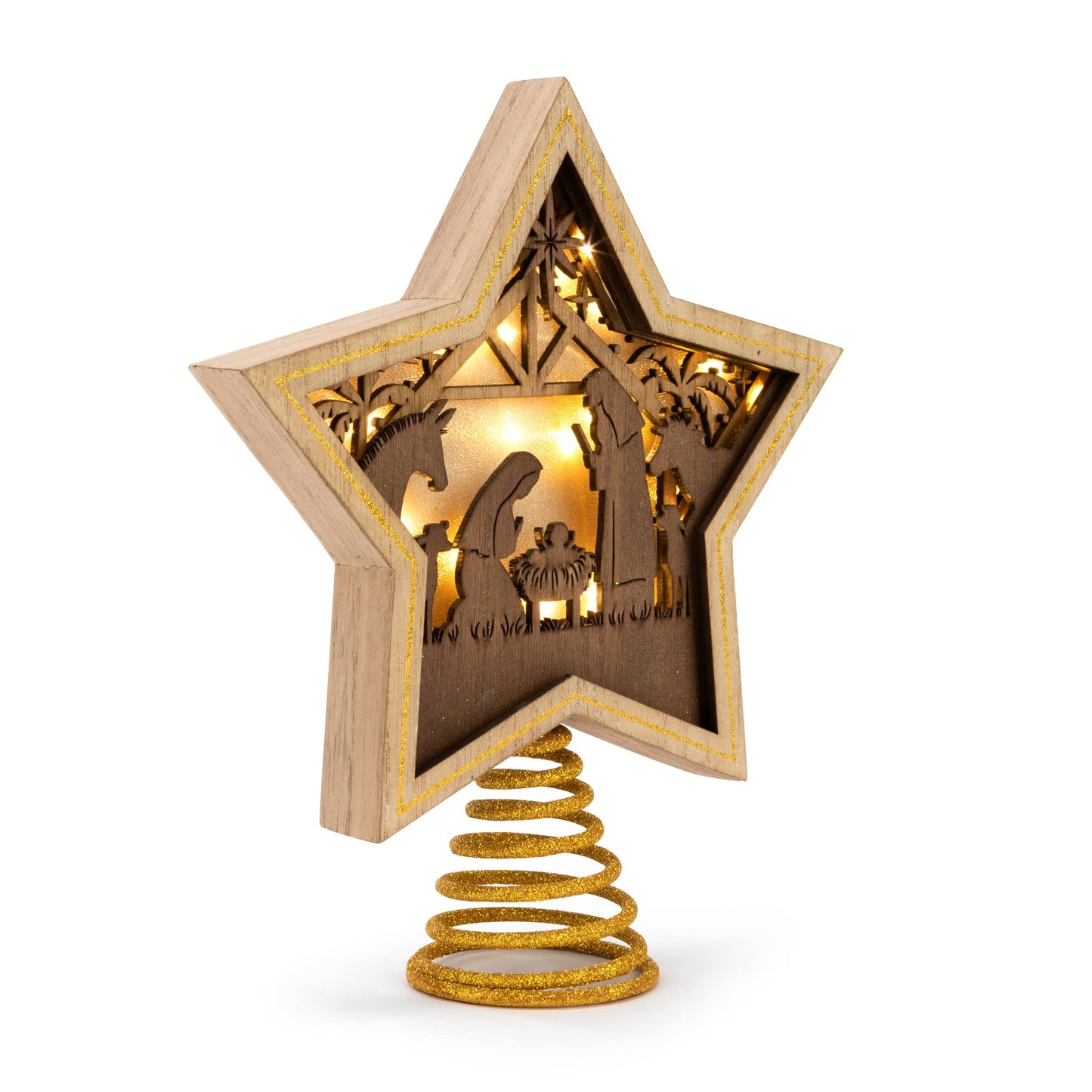 DEMDACO Gold Accented Wooden Star with Cutout Nativity Scene and Warm LED Shadow Box 10 x 8.5 Inches Christmas Tree Topper