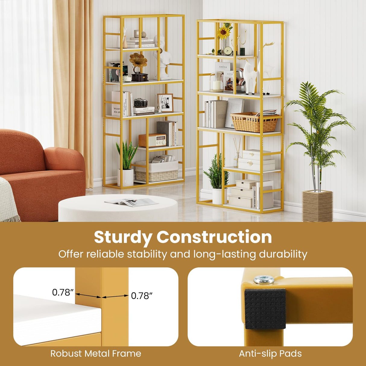 Tangkula 71” Tall Bookshelf, 5-Tier Geometric Bookcase with Open Display Shelf and Metal Frame, Freestanding Modern Storage Organizer for Living Room & Home Office (White, 71”H) Tangkula