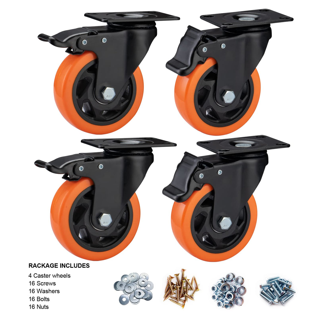 ASRINIEY Casters, 4" Caster Wheels，Casters Set of 4 Heavy Duty - Orange Polyurethane Castors, Top Plate Swivel Wheels, 4-Pack Industrial Casters with Brake, Locking Casters for Furniture and Workbench ASRINIEY