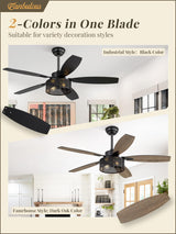 52 Inch Farmhouse Ceiling Fan with Light and Remote, Black Industrial Caged Ceiling Fans Flush Mount, 5 Dual Finish Blades, 6-Speed Reversible Quiet DC Motor, Rustic Design for Bedroom, Living Room Fanbulous