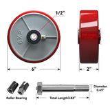 LONGRUNFORU 6" x 2" Polyurethane on cast Iron Wheel, Roller Bearing-1/2" Bore, Set of 4 Heavy Duty Caster Wheels with 4800 lbs Capacity (4 Pack) LONGRUNFORU