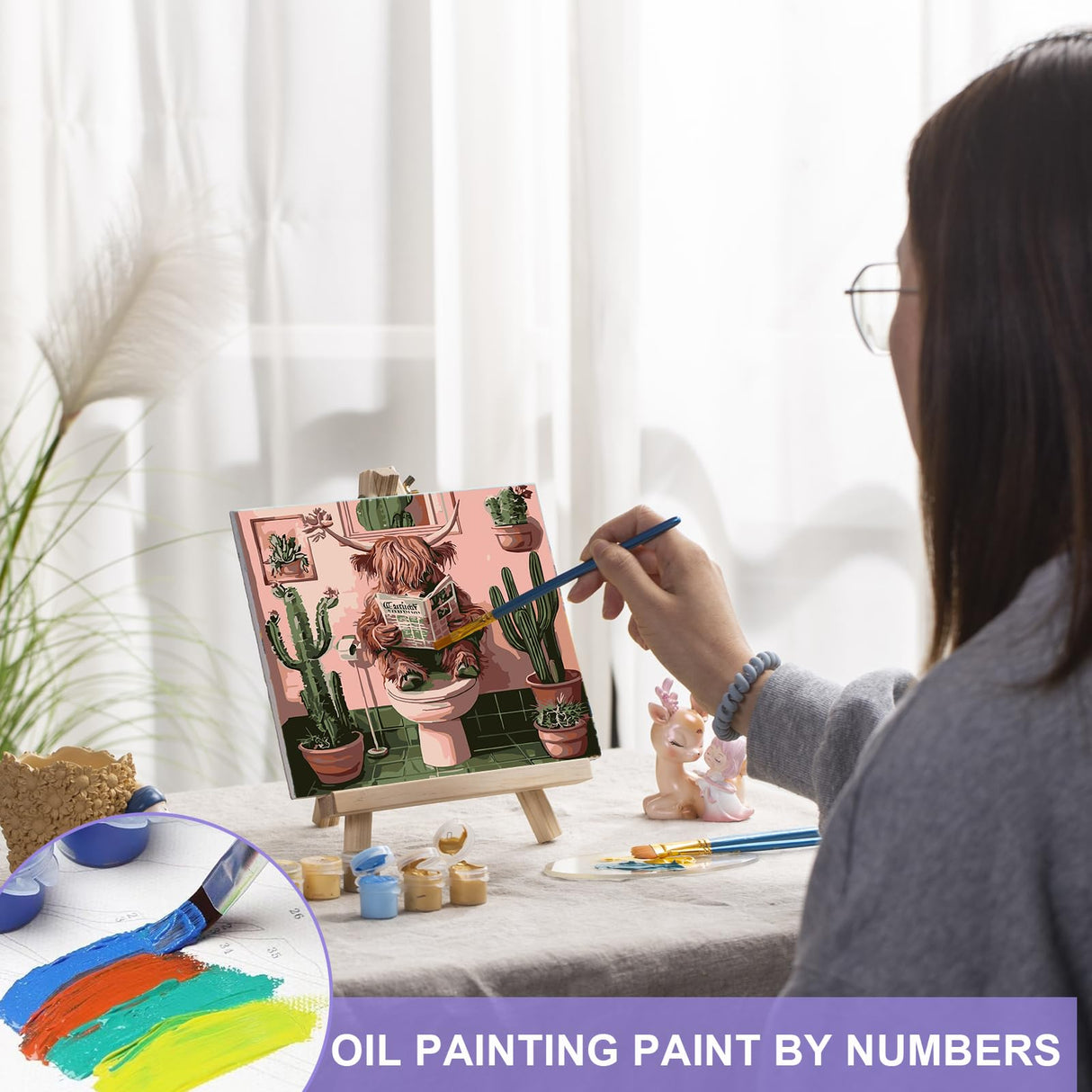 4 Pack Funny Animals Paint by Numbers for Adults, 8x8 Inch Framed Bathroom Theme DIY Painting Kit with Brushes and Acrylic Paints, Giraffe Flamingo Tiger Highland Cow on Canvas for Wall Decor antor