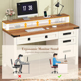 YOMILUVE Farmhouse Executive Desk with Drawers, 47" Computer Desk with Power Outlets, Home Office Desk with Monitor Stand & 4 Drawers, Small Desk Writing Study Table, Antique White YOMILUVE