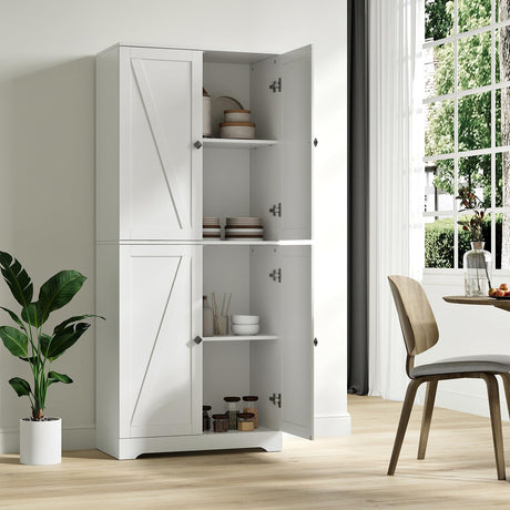 NOVAMAISON Kitchen Pantry Cabinet, 72” Tall Farmhouse Storage Cabinet with 4 Barn Doors and Adjustable Shelves, Pantry Cabinet Versatile Storage for Kitchen, Living Room, White NOVAMAISON