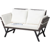 Greesum Outdoor Sofa, Woven Rattan Patio Furniture, Convertible Daybed or Double Chair with Adjustable Armrests, Cushions and Pillows for Yard, Porch, Pool, Brown Lounger & Beige Pillowcase Greesum