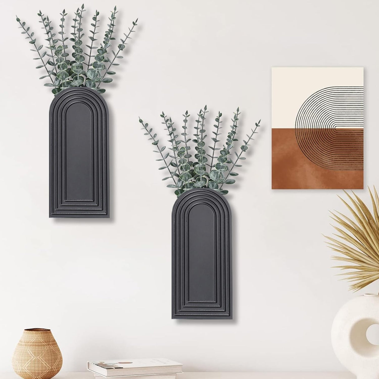Dnnnii 2 Pack Wooden Wall Vase Set - Black Finish Modern Farmhouse & Boho Wall Decor for Entryway, Hallway, Bathroom, Living Room, Dining Room, Narrow Spaces Dnnnii