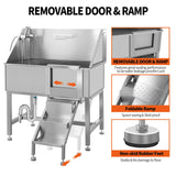 38" Pet Dog Bathing Station W/Ramp, Professional Stainless Steel Dog Grooming Tub W/Floor Grate, Faucet, Dog Bathtub for Large,Medium,Small Pets, Washing Sink for Home,R-Door RIGMEC