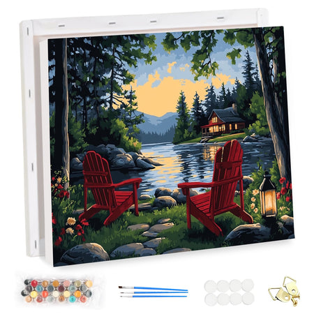 EOBROMD Framed Paint by Numbers Kits for Adults Lake, DIY Kits Crafts for Beginner on Stretched Canvas, 3 Paint Brushes and Acrylic Paint for Home Decor 16x12inch EOBROMD