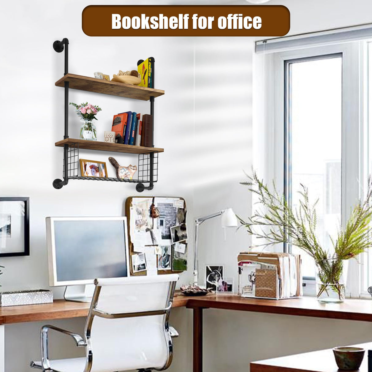 GILPWA Industrial Pipe Shelving 2 Tiers 24in Bathroom Floating Shelves Wall Mounted with Paper Storage Basket Retro Wood Floating Shelf Sundries Holder for Home Decor Livingroom Bedroom GILPWA