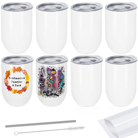Draheri 12 Oz Sublimation Wine Tumblers Blanks Bulk, Stainless Steel Double Wall Insulated Sublimation Cups, Sublimation Mugs with Straw and Straw Brush, Individually Boxed (8 Pack) Draheri