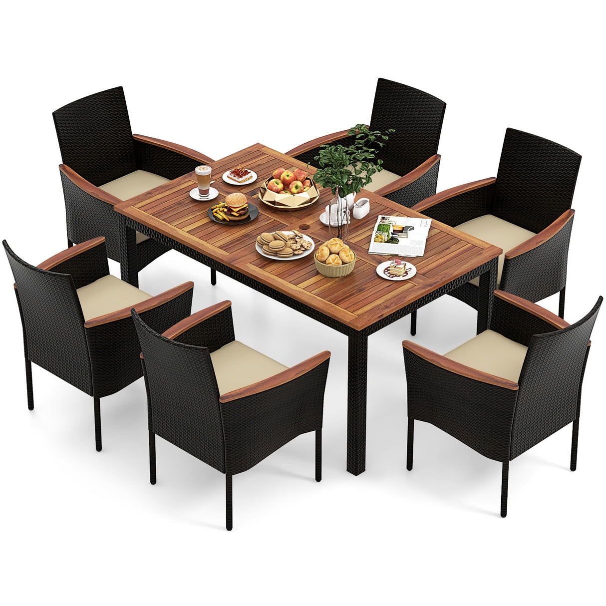 KOTEK Outdoor Dining Set for 6, PE Rattan Wicker Patio Furniture Set with Wood Table & Cushioned Armchairs, 1.96'' Umbrella Hole, Patio Table and Chairs Set for Garden, Backyard, Balcony, Poolside KOTEK