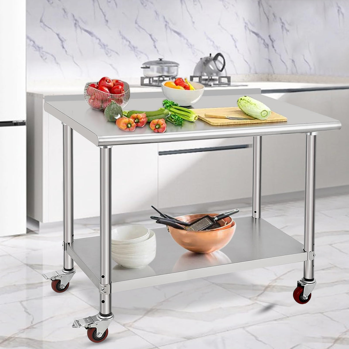 ACONEE 48" x 24" with Caster, Backsplash Stainless Steel Work Table, 48 x 24 Inch, Silver ACONEE