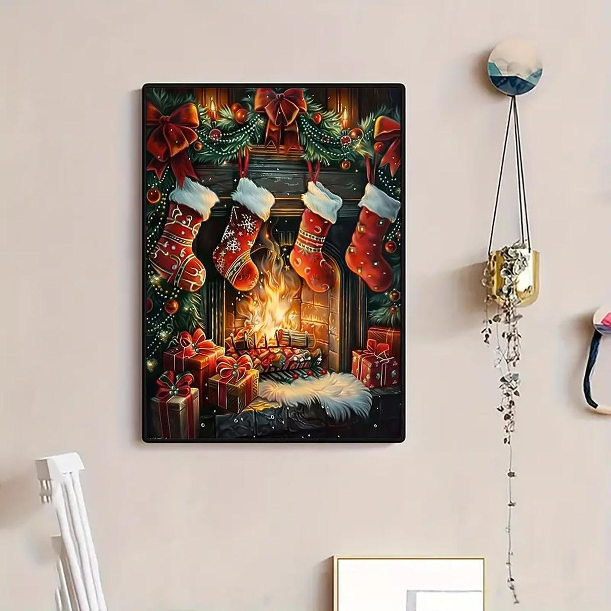 Christmas Fireplace Stocking Diamond Art Kits for Adults, 5D Diamond Painting Kits for Adults Beginners, DIY Full Round Drill Diamond Dot Painting Gem Art Kits for Adult,Home Wall Decor 11.8x15.7 Inch VCLKDIY