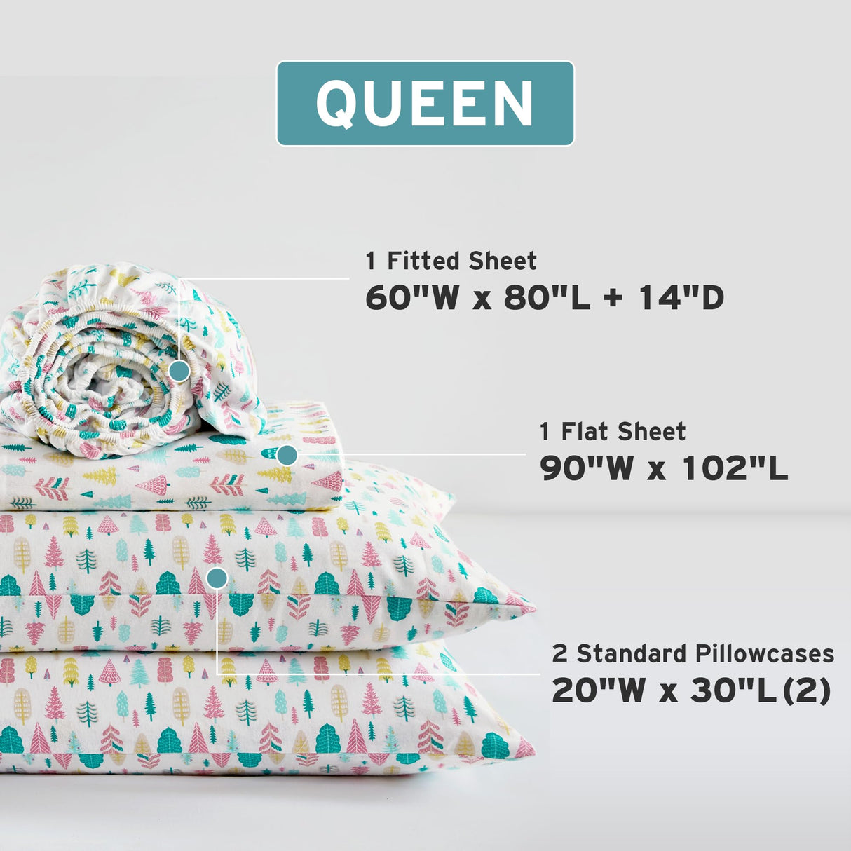 Intelligent Design Cozy Soft 100% Cotton Flannel Sheets, Breathable Festive & Adorable Print Cotton Flannel Sheet Set, Deep Pocket Sheet Fits Up to 16" Mattress, Queen White Holiday Trees 4 Piece Intelligent Design