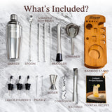 KITESSENSU Cocktail Shaker Set Bartender Kit with Stand | Bar Set Drink Mixer Set with All Essential Accessory Tools: Martini Shaker, Jigger, Strainer, Mixer Spoon, Muddler, Liquor Pourers |Silver KITESSENSU
