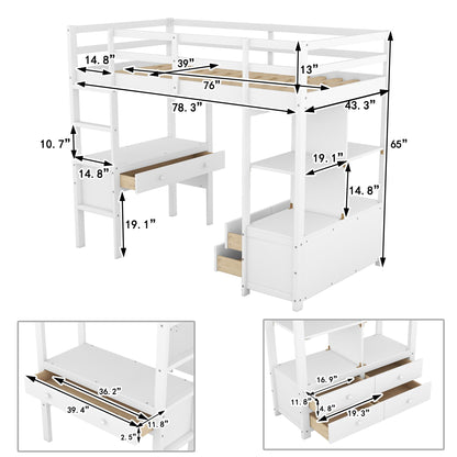 Twin Size Loft Bed with Storage Cabinet and Desk, Wooden Twin Loft Beds Frame with Bookcase and Shelves, Modern Twin Loft Bunk Bed for Kids Teens Adults Boys & Girls (Twin Size, White)