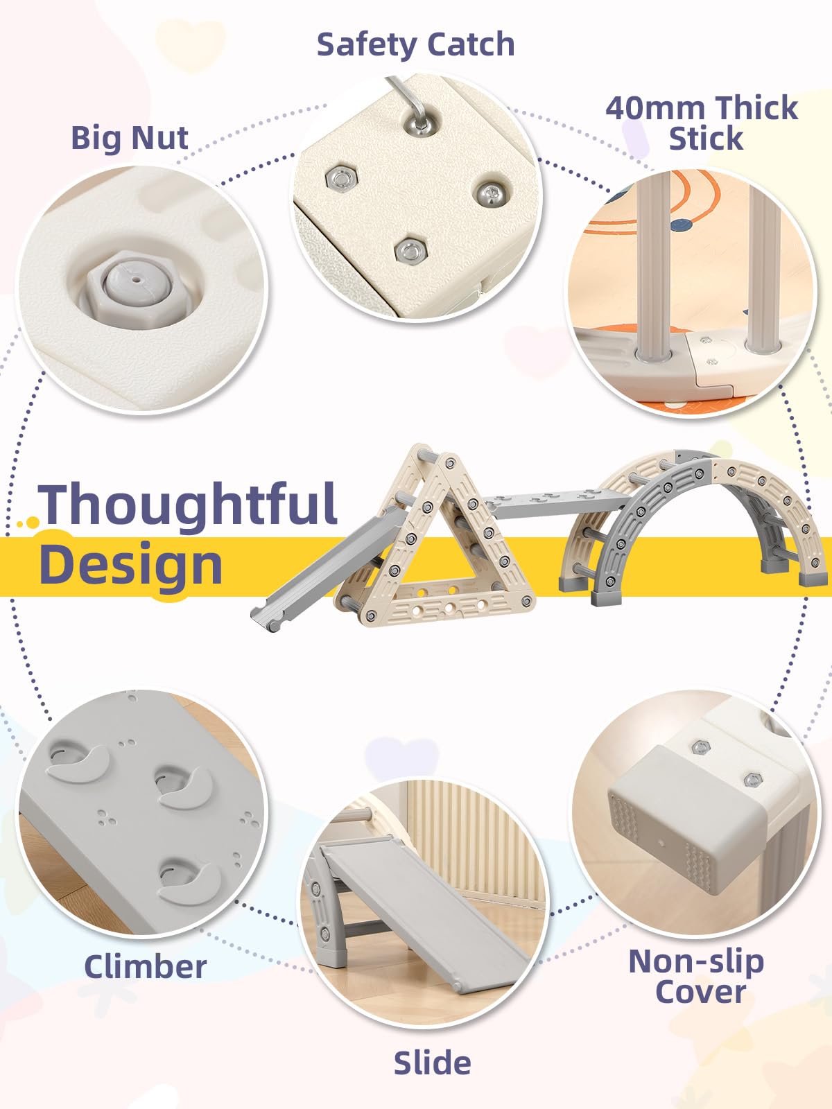 VBABY Pikler Triangle Set 9 in 1, Toddler Climbing Toys Indoor, Plastic Montessori Climbing Set, Kids Climbing Toys with Ramp, Arch & 2 Ladders, Baby Climbing Gym, White & Gray VBABY