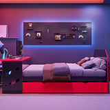 Hennhari Full Size Bed with Twin Trundle and Charging Station, Gaming Flair Wood Bed Frame with Desk and USB Charging for Bedroom or Study Rooms, No Box Spring Needed (Red) Hennhari